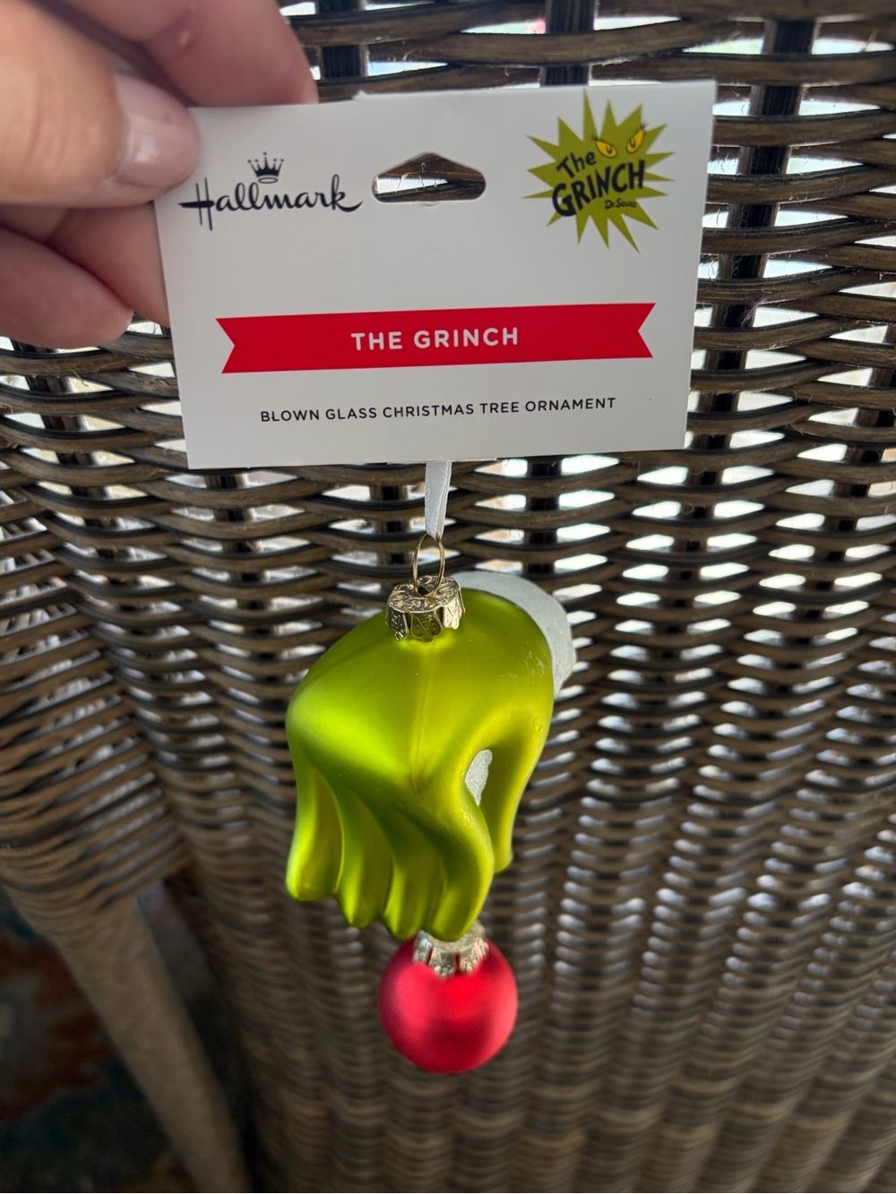 Hallmark Green Grinch Hand Ornament with Red Bauble NWT. 2026